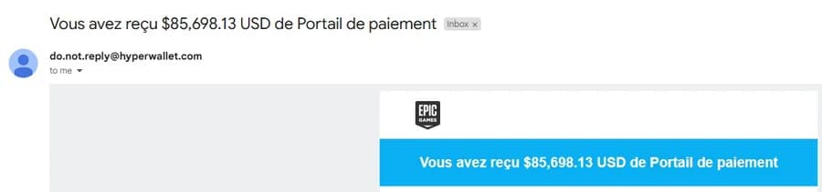 Email : « Vous avez reçu 85 698,13 USD de Portail de paiement »